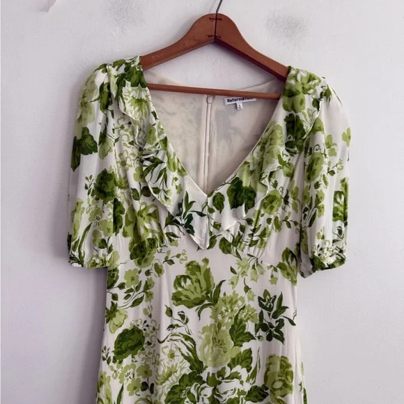 Reformation Simon Green Floral Puff Sleeve Mini Dress Size 4 - Picture 3 of 7